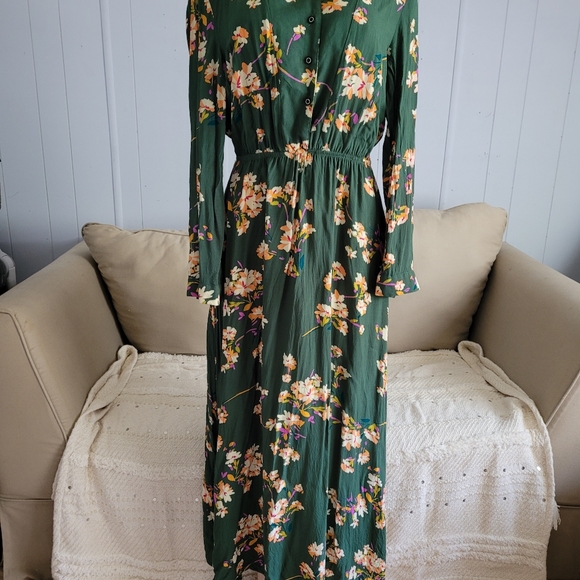 Beautiful bohemian floral green maxi long dress size L - Picture 4 of 10